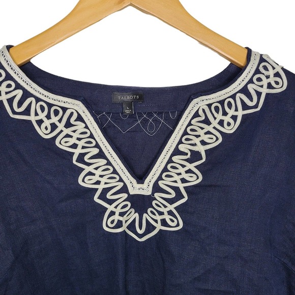 Talbots Women's SZ L 100% Linen Blouse/Top Navy-Blue Embellished Neckline & Cuff - Picture 2 of 11